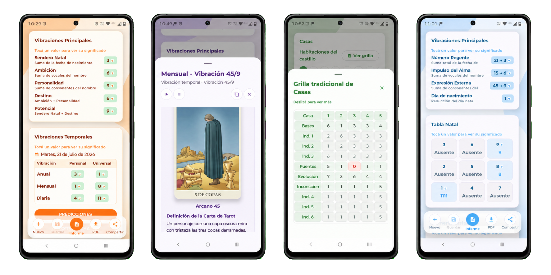 Cuatro teléfonos con las aplicaciones móviles de numerología