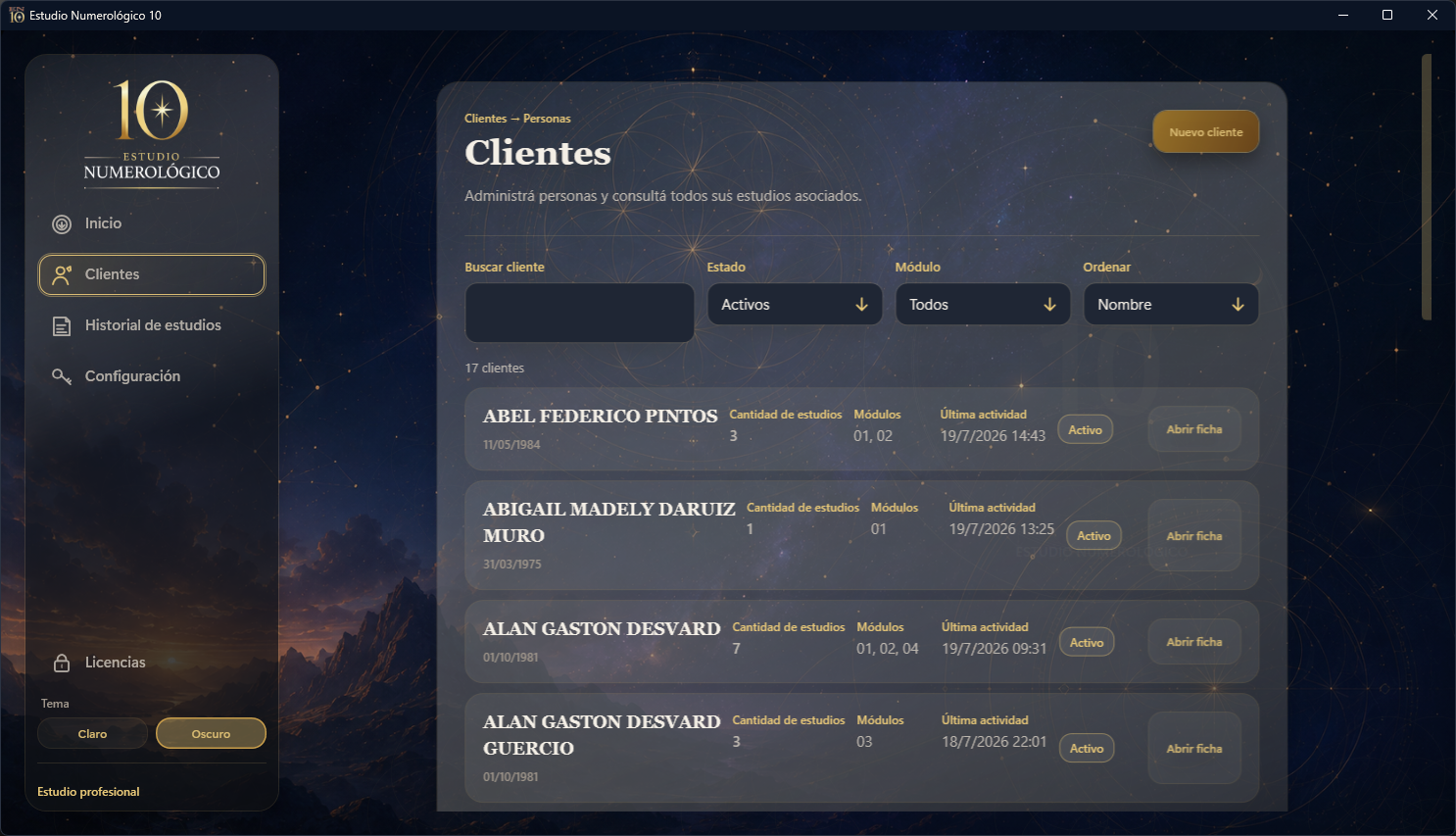 Pantalla de administración de clientes de Estudio Numerológico 10.