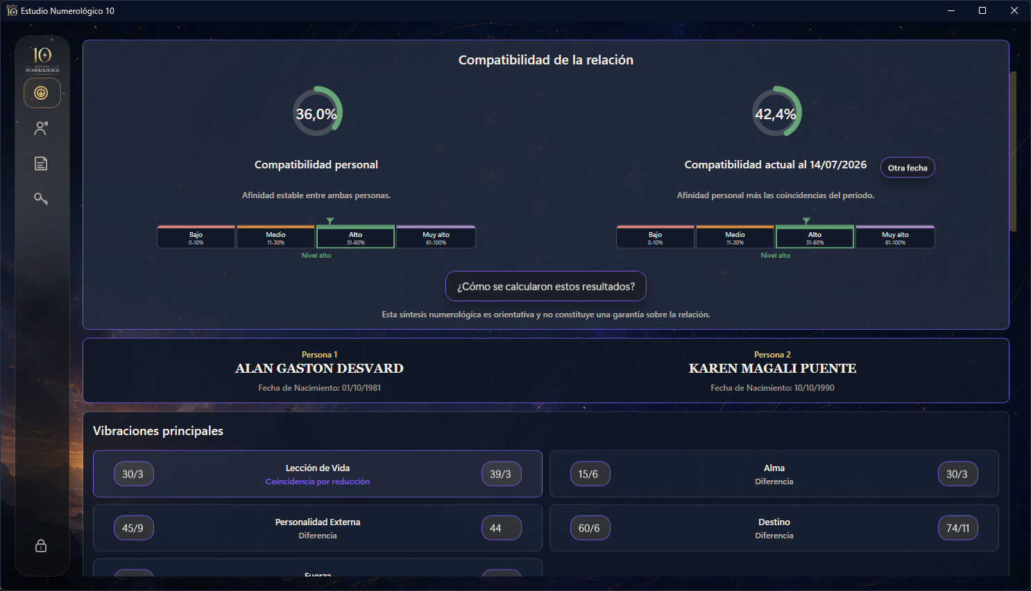 Pantalla de comparación de dos estudios en Estudio Numerológico 10.