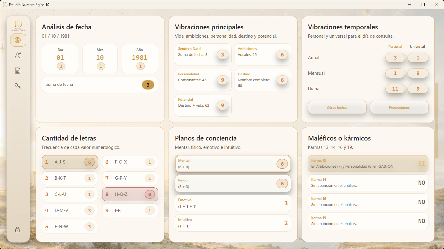 Resultado del Módulo 1 con cantidad de letras, planos de conciencia, números kármicos, desafíos y pináculos.