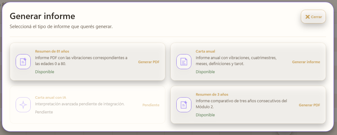 Selector de informes disponible en el Módulo 2 de EN10.