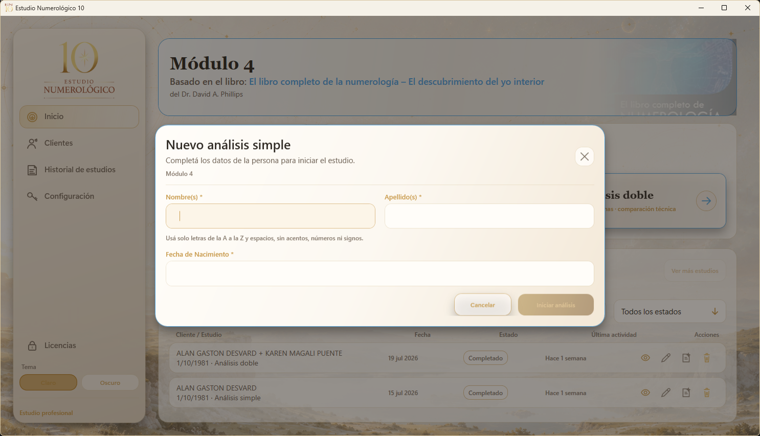 Ingreso de nombres, apellidos y fechas en el Módulo 4 de EN10.