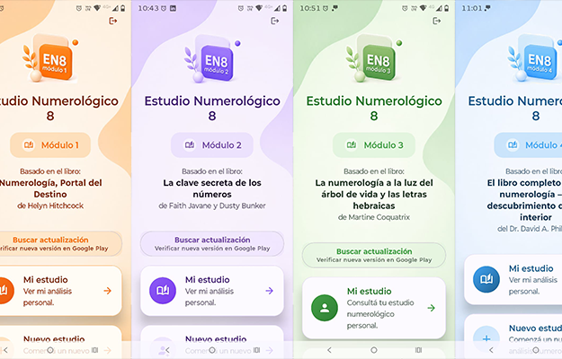 Pantallas de inicio de los cuatro módulos de Numerología móvil para Android